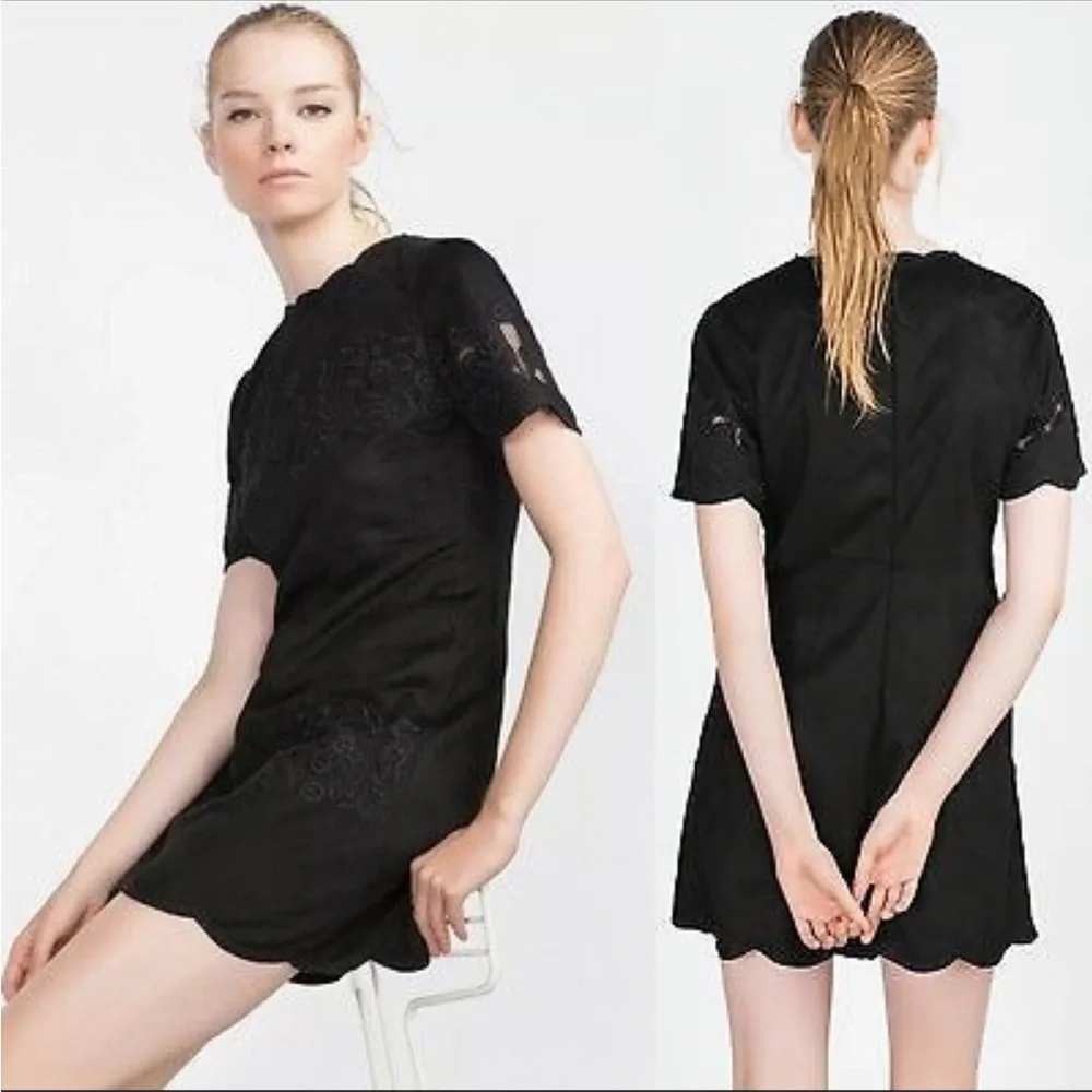 Zara Womens M Black Faux Suede Floral Mesh Mini Dress Embroidered Cutout Scallop